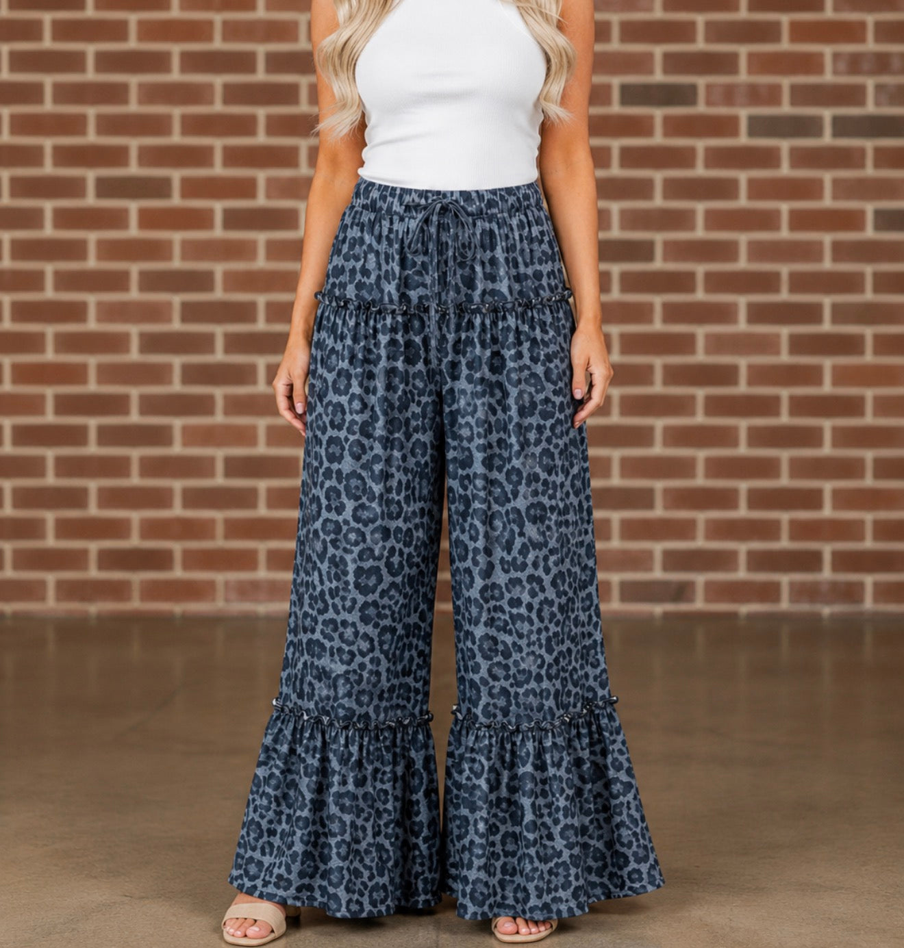 Leopard Frilled Drawstring Wide Leg Pants