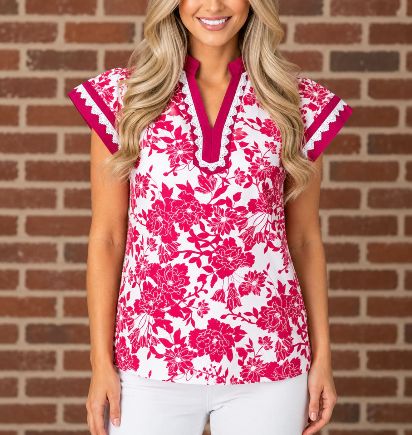 Floral Colorblock Lace V-Neck Flutter Sleeve Blouse