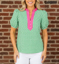 Gingham Plaid Colorblock Trim V-Neck Blouse