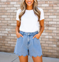 Solid Denim Scalloped Trim Shorts