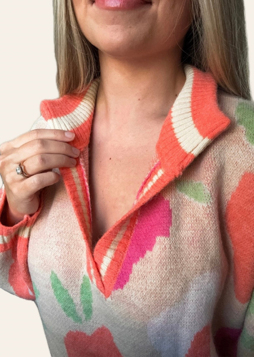 The Floral Banded V-Neck Sweater