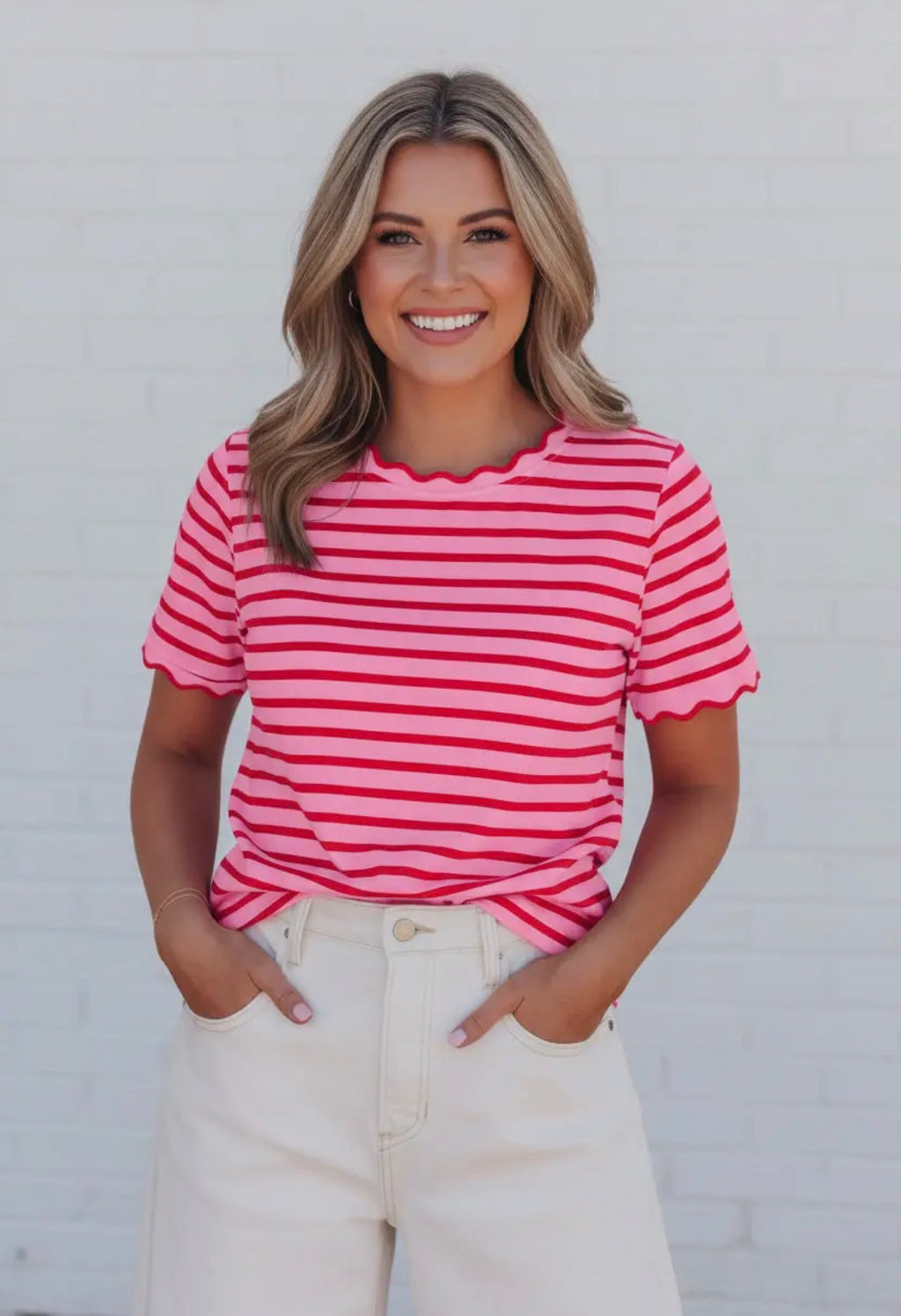 Stripe Scalloped Trim Round Neck Tee