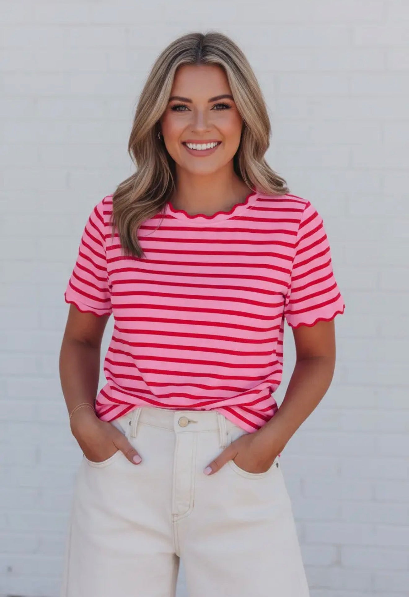 Stripe Scalloped Trim Round Neck Tee