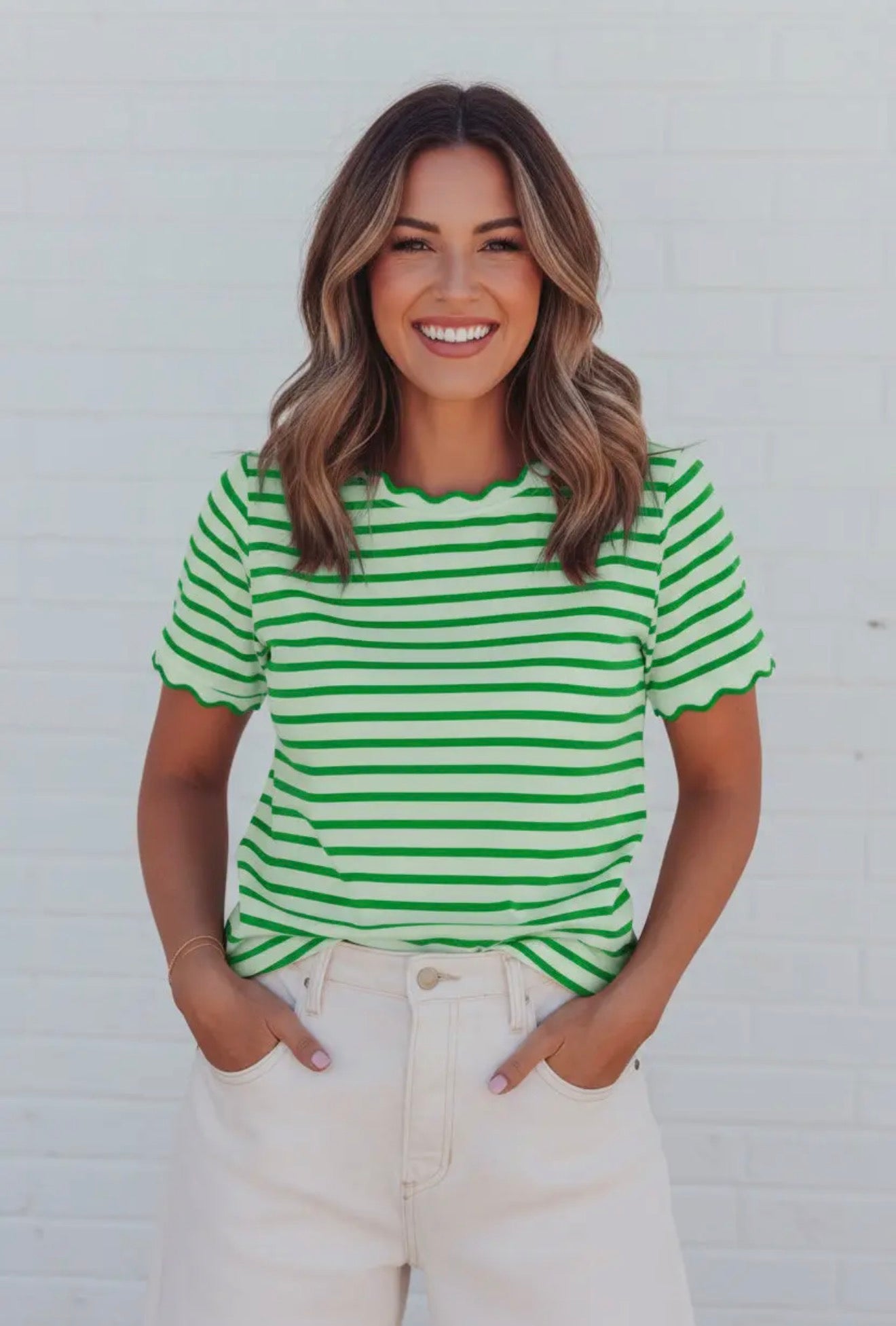 Stripe Scalloped Trim Round Neck Tee