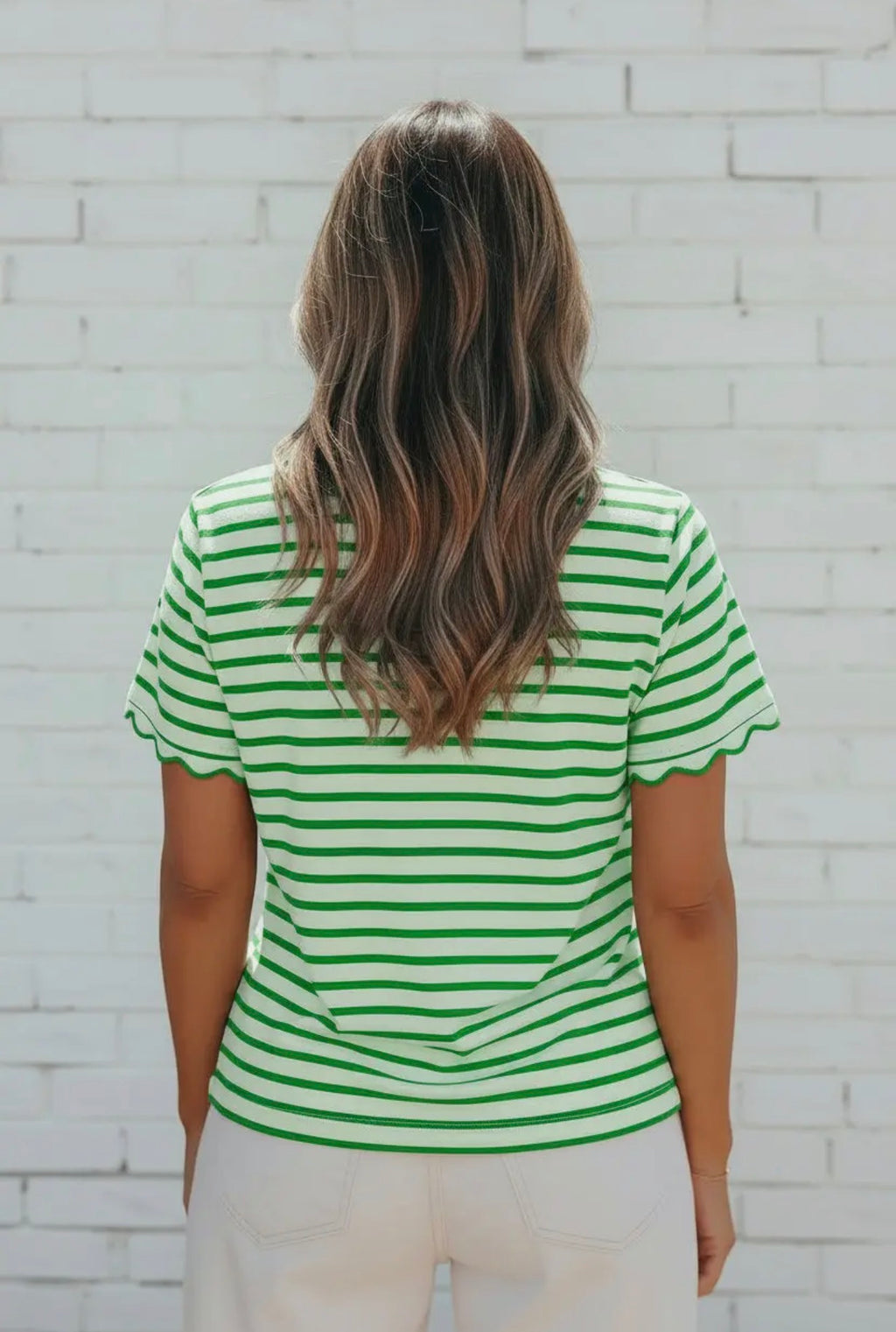 Stripe Scalloped Trim Round Neck Tee
