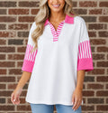 Pink Stripe Contrast Collared Top