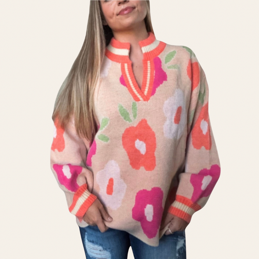The Floral Banded V-Neck Sweater