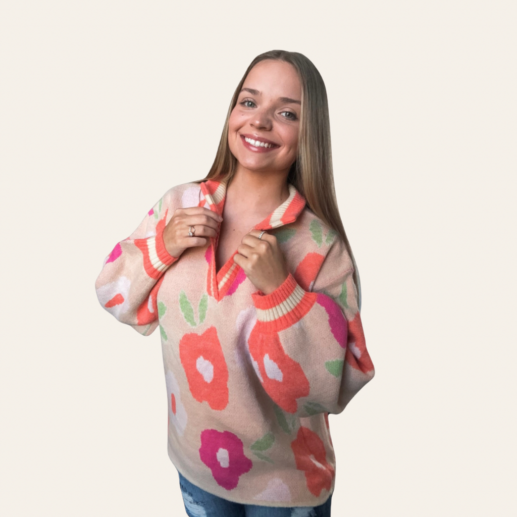 The Floral Banded V-Neck Sweater