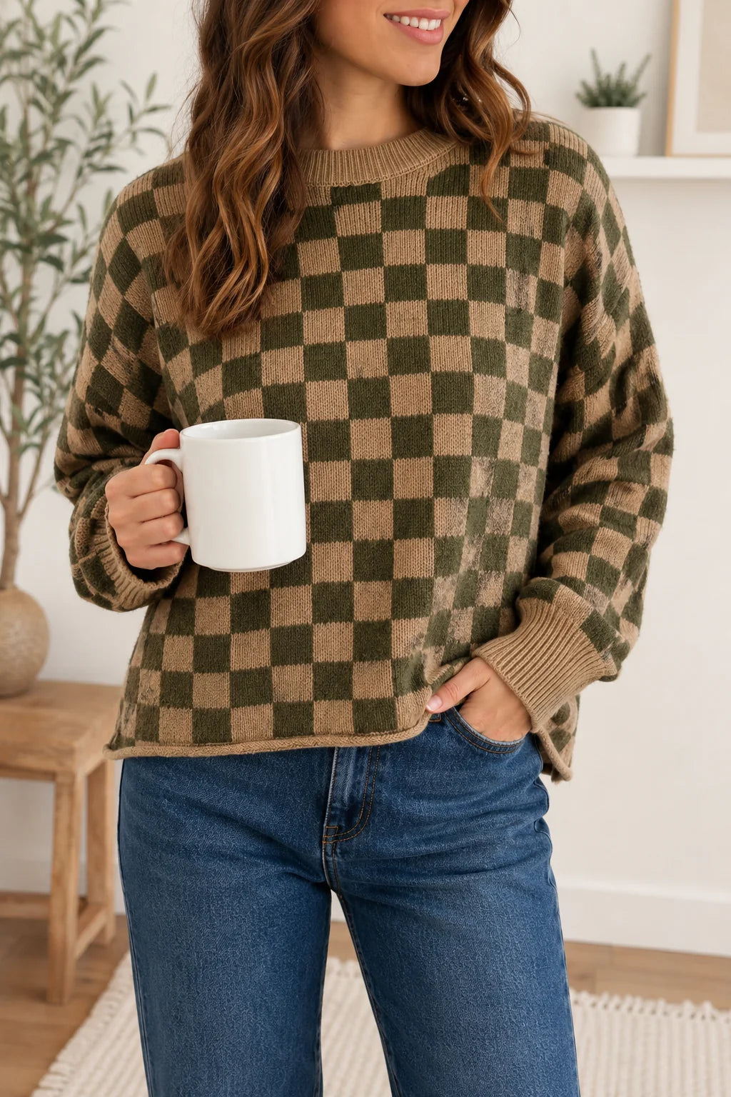 Olive Check Knit Sweater