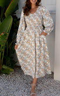 Khaki Floral Smocked Midi Dress