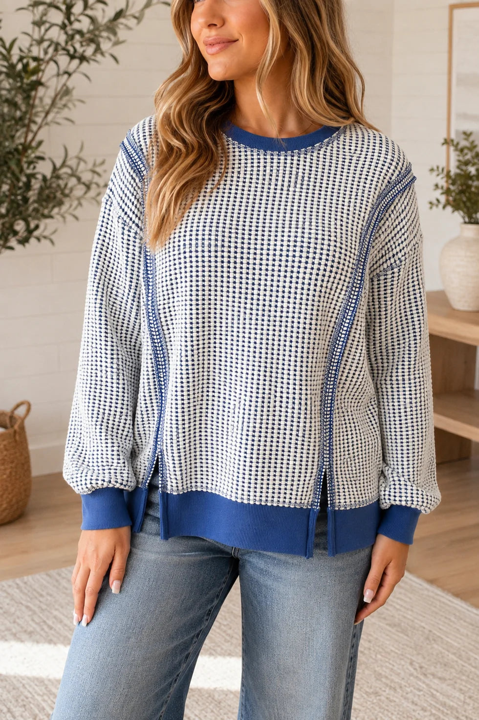 Blue Waffle Stitch Pullover